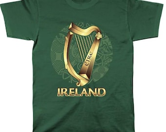 Celtic Harp, Ireland, Green t-shirt, Gold harp on a Green Celtic design