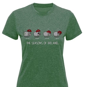Seasons of Ireland, maglietta verde bottiglia, 4 pecore, 4 stagioni, 4 ombrelli, donna aderente