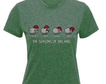 Seasons of Ireland, Bottle Green Tee, 4 Sheep, 4 Seasons, 4 Umbrellas, Women Fitted