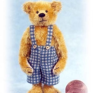 Op de afbeelding: Een kleine, goudbruine teddybeer met een blauw-witte geruite overall. De beer heeft een zwarte neus en knoopogen. Een munt ligt naast de beer ter vergelijking van de grootte.