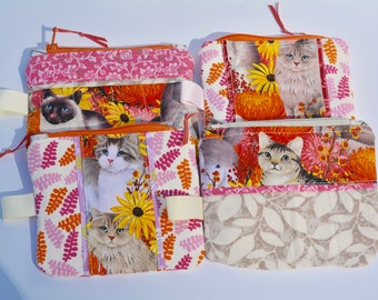 CATS Mini Zipper Pouch,Fabric Gift Credit Card Coin Purse, Cash Lipstick Coin Wallet, Zip Bag, Cat lover gift, handmade patchwork quilted