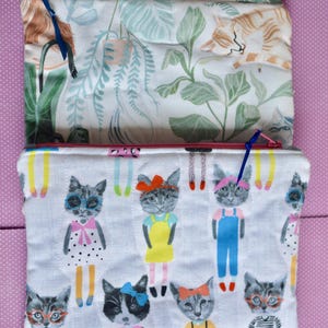 Cat Lover Quilted Zipper Pouch: Cotton Lined Travel Bag Cats and Plants