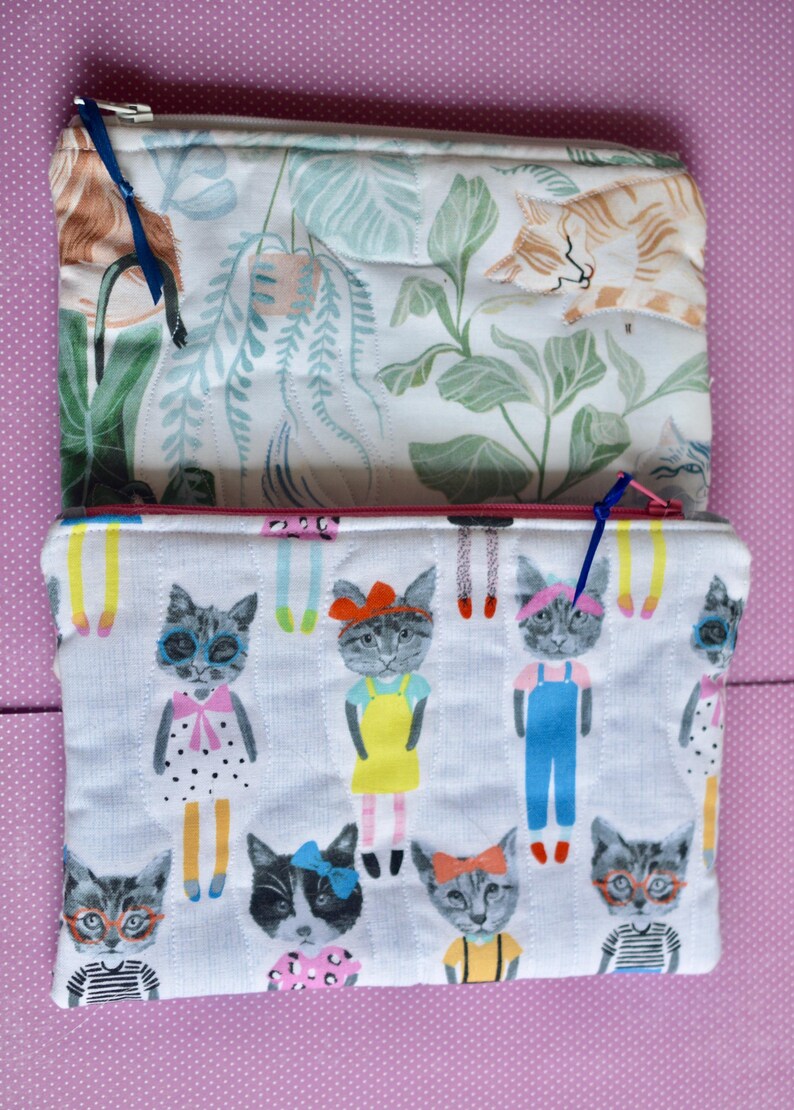 Cat Lover Quilted Zipper Pouch: Cotton Lined Travel Bag Cats and Plants