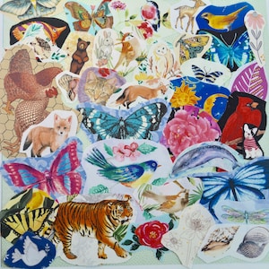 May include: A collage of various animal and nature-themed cutouts. The image features butterflies, birds, a tiger, a fox, and other creatures. The cutouts are arranged on a light green background with a dotted pattern, creating a whimsical and artistic composition.