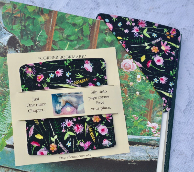 BOOKMARKS, Your choice Corner Bookmarks, under 10.00, Bookish, Teacher Gift, Reader Book Club Gift, Child Book Gift,Floral,Stocking Stuffer Pink Flower/black