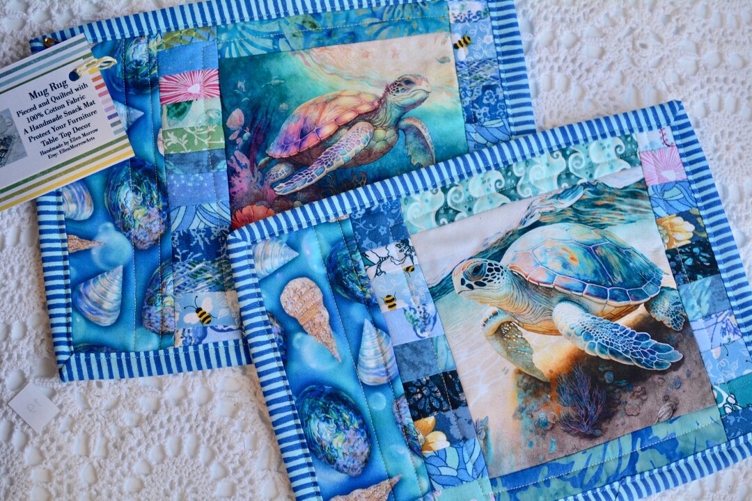 Handmade Patchwork Sea Turtle Mug Rugs: Quilted Table Decor (set of 2 ...