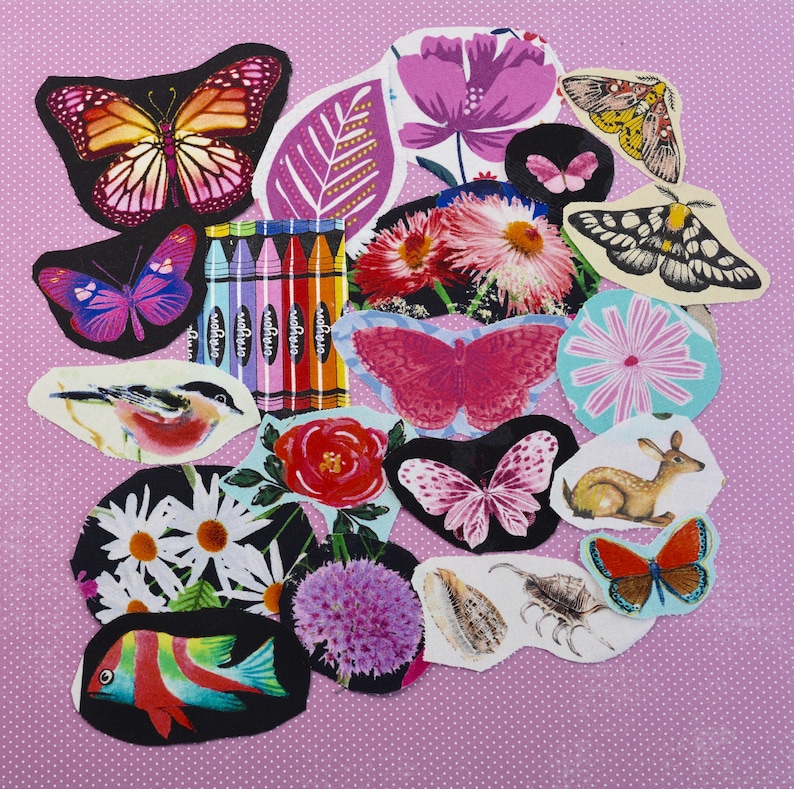 May include: A collection of colorful fabric patches featuring butterflies, flowers, a bird, a fish, and a deer. A set of crayons is also included. The patches are arranged on a pink polka dot background.