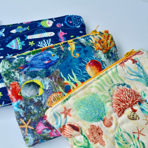 Tropical Fish Ocean UnderSea Handmade Pouch, lined Zipper Pouch, IPhone travel bag,handbag organizer,Cosmetic Makeup Bag,Gift Card Holder