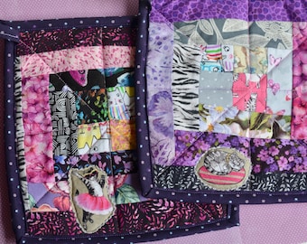 Handmade Quilted Potholders: Patchwork Mini Quilt Kitchen Decor (Set of 2)  Cat themed