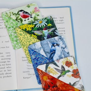 Fabric CORNER BOOKMARK, Your choice of beautiful colorful Birds, Handcrafted gift for book lovers, readers, book clubs, Mother's Day gift image 1