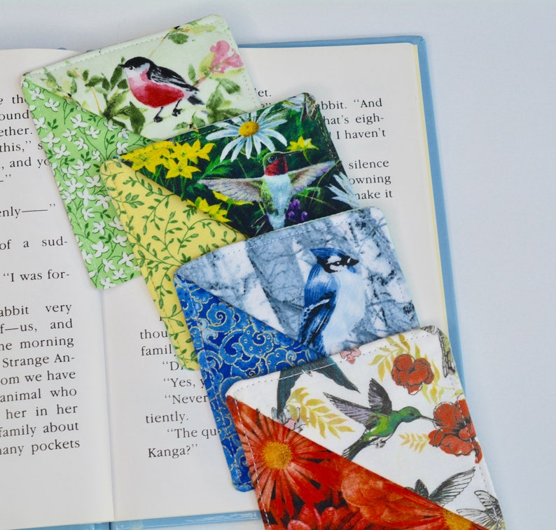 Fabric CORNER BOOKMARK, Your choice of beautiful colorful Birds, Handcrafted gift for book lovers, readers, book clubs, Mother's Day gift image 1