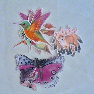 May include: A collection of paper cutouts featuring nature-themed designs. The image includes a hummingbird with orange and green plumage, a fox with brown fur, and a pink butterfly with intricate wing patterns. The cutouts are arranged on a light green patterned background.