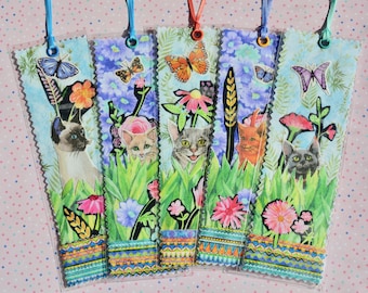 CATS Bookmark-Cute and funny cats in gardens-Handcrafted fabric Collage.Book lover reader gift,It's a Beautiful Day,Cat lover Christmas gift