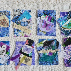Butterfly themed Fabric Snippet Clusters feature color, theme, set of 8 embellishments, handmade for junk journals, slow stitch, mixed media