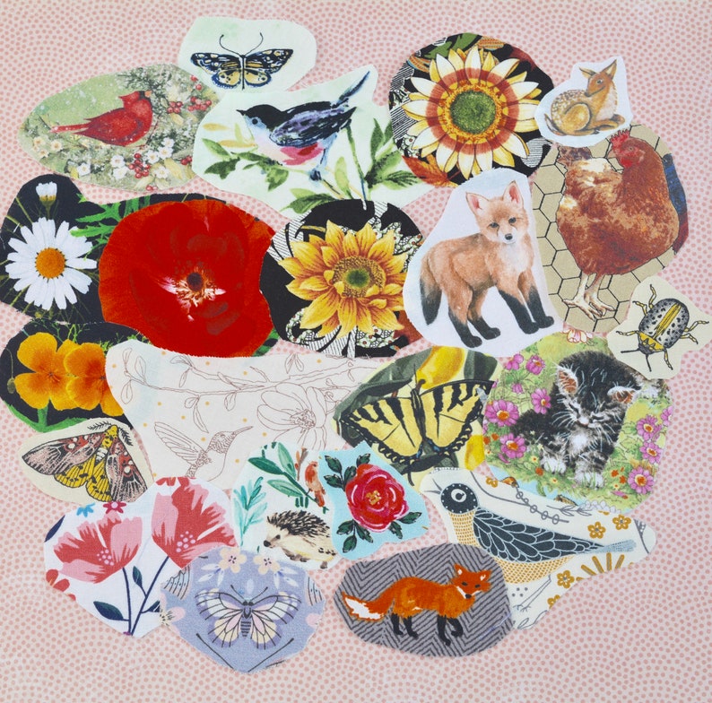 May include: A collection of colorful, die-cut paper shapes featuring various nature-themed illustrations. The designs include birds, butterflies, flowers, a fox, a kitten, and a hen, arranged on a pink dotted background.