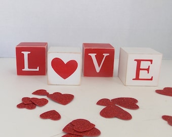 Love Wood Blocks, Valentine's Love, Valentines Blocks, Set of 4, Tiered Tray, Valentine's Day Gift, Love Shelf Sitter, Valentines Day Decor