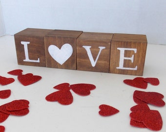 Natural Love Wood Blocks, Valentine's Love, Valentines Block, Set of 4, Tiered Tray, Valentines Gift, Love Shelf Sitter, Valentine Day Decor