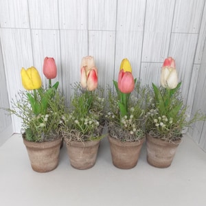 May include: Five small terracotta pots with faux tulip flower arrangements. The tulips are pink, yellow, and white.