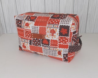 Cute Orange&Brown Makeup Bag, Patchwork Print Square Zipper Pouch, Large Quilted Makeup Pouch, Cosmetic Travel Bag,Toiletry Bag,Gift for Her