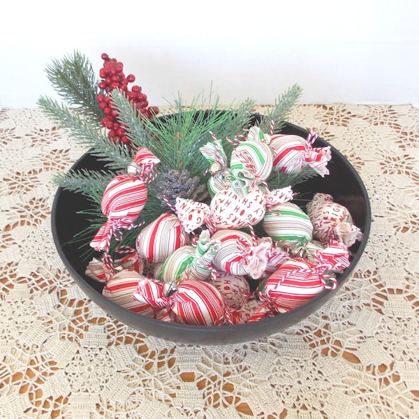 Christmas Candy Canes & Peppermints ornaments, Christmas  bowl filler, Fabric ornaments, Set of 3, Candy Bowl Filler, Fake Candy, hand sewn