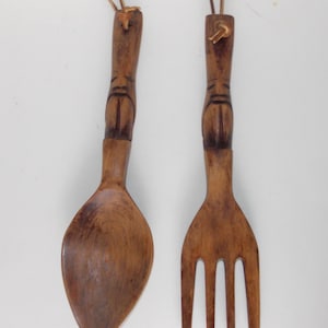 Vintage Serving Salad Servers,Serving Spoon & Fork Set, Hand Carved Wood Salad Tongs, Hand Carved Wooden Tiki themed,Wall Hanging Decor