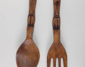 Vintage Serving Salad Servers,Serving Spoon & Fork Set, Hand Carved Wood Salad Tongs, Hand Carved Wooden Tiki themed,Wall Hanging Decor