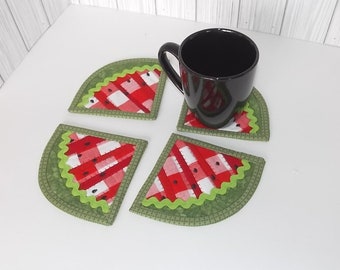 Quilted Fabric Watermelon Coasters, Set of 4, Drink Coasters, Quilted mug rugs, Watermelon slices