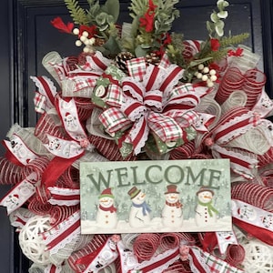 Snowman Welcome Christmas Wreath - Winter Front Door Decor - Holiday Mesh Wreath - Red and White Snowman Wreath - Rustic Christmas Decor
