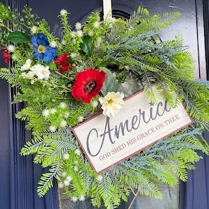 Patriotic Wreath for Front Door, America Sign Wreath, Red White Blue Floral Wreath, Fourth of July Decor, Memorial Day Wreath USA