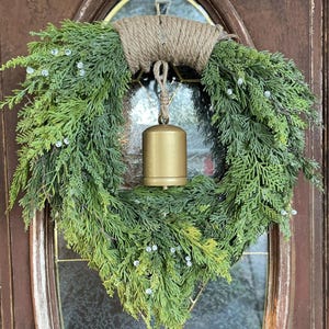 Rustic Juniper and Cedar Wreath – Christmas Door Decor with Gold Bell, Natural Greenery Holiday Wreath, Farmhouse Winter Decoration