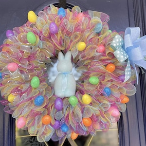 Easter Bunny Wreath - Colorful Spring Deco Mesh Wreath - Easter Egg Front Door Decor - Handmade Easter Decoration - Whimsical Bunny Wreath