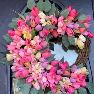 Tulip Wreath - Spring Grapevine Wreath - Pink and Purple Tulip Wreath - Easter Door Decor - Farmhouse Spring Wreath - Handmade Floral Wreath