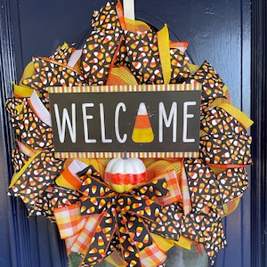 Candy Corn Welcome Wreath for Front Door, Halloween Door Decor, Fall Mesh Wreath, Pumpkin Ribbon Wreath, Trick or Treat Porch Sign