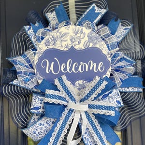 Blue and White Welcome Wreath for Front Door, Farmhouse Style Door Hanger, Year Round Wreath, Country Cottage Porch Decor