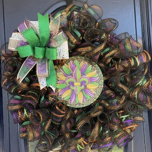 Mardi Gras Mesh Wreath – Handmade Fat Tuesday Door Decor – Purple Green Gold Party WreatH