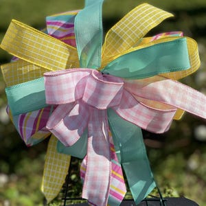 Spring Bow – Yellow Pink Turquoise Wreath Bow – Easter Door Bow – Handmade Ribbon Bow for Mailbox, Lantern, or Gift Wrapping
