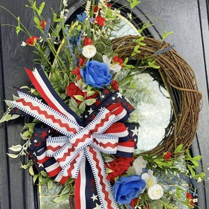 Patriotic Grapevine Wreath, Red White Blue Rose Hydrangea Wreath, 4th of July Decor, Memorial Day Front Door Wreath, USA Bow Wreath
