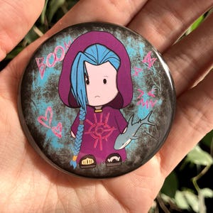 Cute Arcane Jinx fanart button pin - with her little sharkie