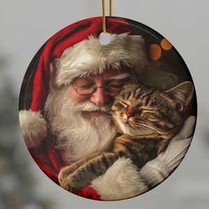 Santa and Cat Ornament, Ceramic Ornaments,Holiday Decor, Cat Tree Decoration, Gift Idea, Cat Ornament, Cat Gift