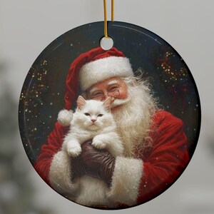 Santa and Cat Ornament, Ceramic Ornaments,Holiday Decor, Cat Tree Decoration, Gift Idea, Cat Ornament, Cat Gift