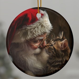 Santa and Cat Ornament,  Ceramic Ornaments,Holiday Decor, Cat Tree Decoration, Gift Idea, Cat Ornament, Cat Gift