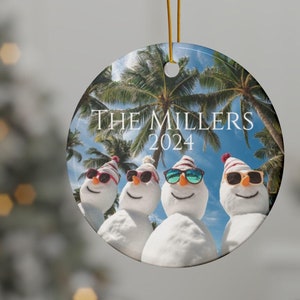 Personalized Family Snowman Ornament,Ceramic Ornament , Christmas Ornament Personalized, Keepsake Ornament, vacation, Florida theme ornament