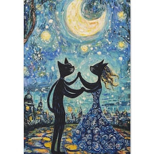 Cats Canvas Print, Dancing Cats under the Moon Light, Matte Artwork, Home Decor, Cat Lover Gift, Animal Art, Whimsical Art of Cats