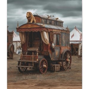 Vintage Circus Car Canvas Print: Nostalgic Lion Artwork