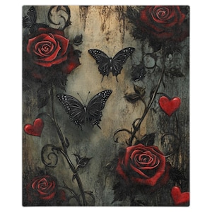 Gothic Roses Butterfly Blanket: Velveteen Microfiber Throw