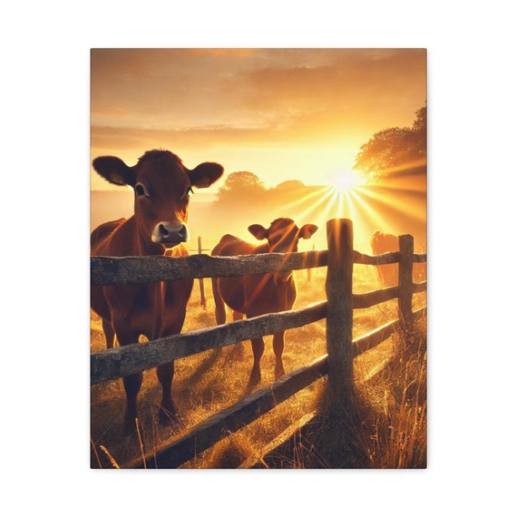 Cow Rustic Country Canvas Decor Canvas Wall Art, Farmhouse home decor, rural animal painting, farmhouse, sunrise, cow lovers print