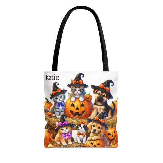 Personalized Kids Halloween Tote Bag, Trick or Treat Bag, Personalized Tote Bag for Halloween, Trick or Treat, Kittens and Puppies Tote Bag
