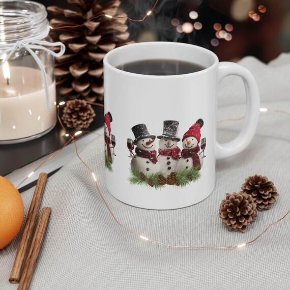 Christmas Snowmen Ceramic Mug, Holiday Wine Lover Gift, Cute Winter Coffee Cup, Festive Hot Cocoa Mug, Funny Snowman Tea Cup, Seasonal Xmas