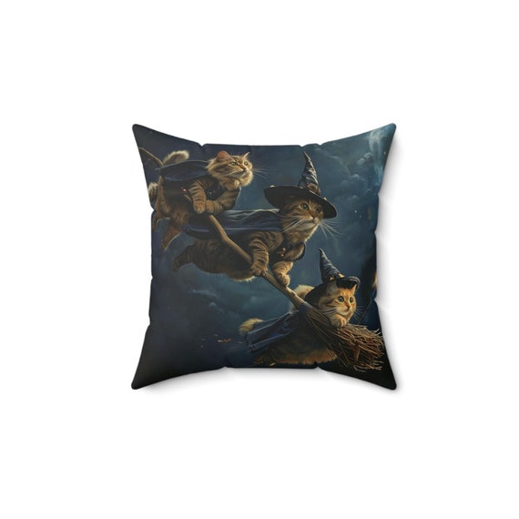 Three Cats on a Broomstick on Halloween Night Spun Polyester Square Pillow