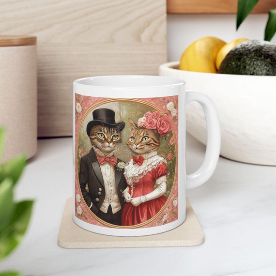 Victorian Cats Ceramic Mug, Valentines Gift for Cat Lovers, 11oz 15oz Coffee Cup, Kitty Lover Tea Mug, Vintage Style Cat Lady Gift, Cat Mom